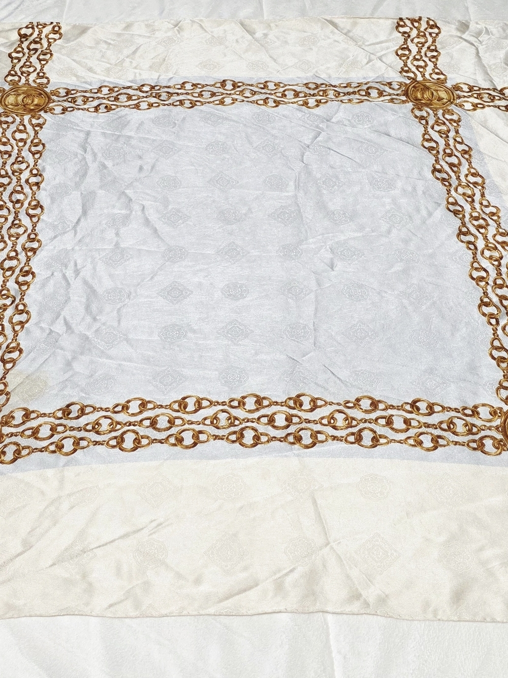 100% Silk CHANEL White and Gold Chain Motif Silk Scarf. 34" Square.